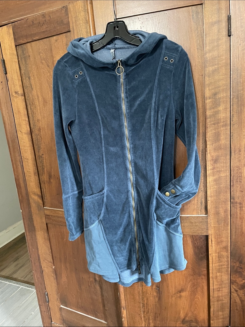 XCVI Navy Hooded Velour Zip-Front Tunic Jacket